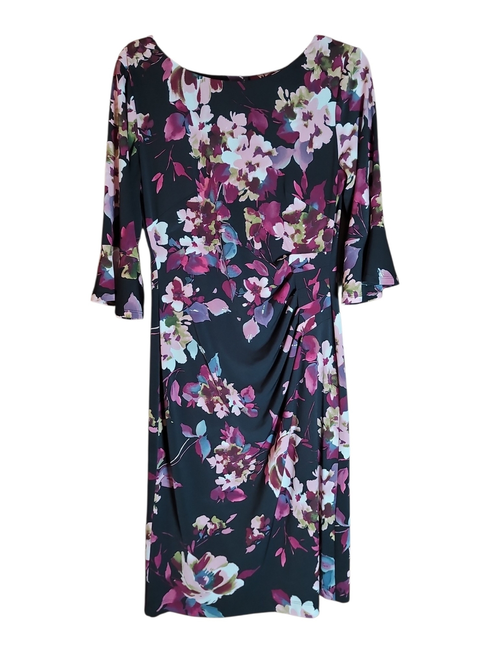 Connected Apparel Black Floral Midi Dress with Pink and Purple Blossoms